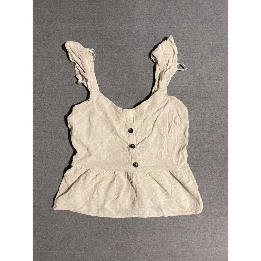 Womens Cream Smocked Babydoll Top Tie Strap Button‎ Front Flowy Cottagecore